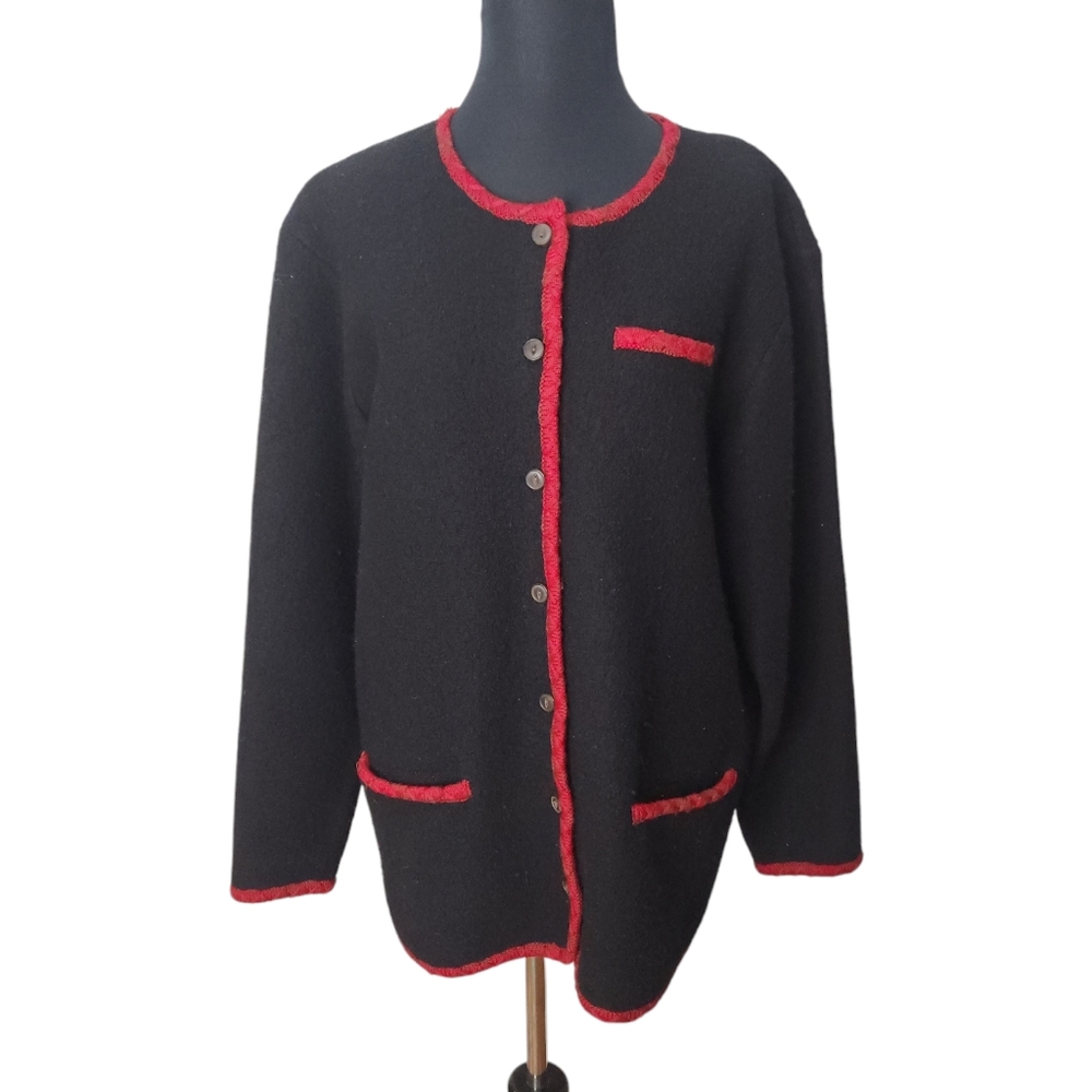 Vintage‎ Charter Club Black with Red Trim Wool Cardigan Jacket  Size Medium